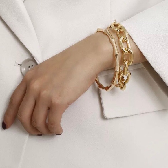 NEW 2/Pcs Set Gold Chain Punk Bangle Bracelet - Picture 4 of 7